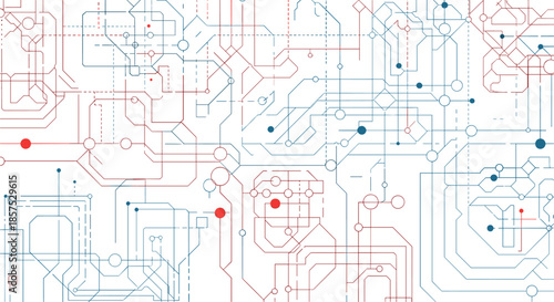 Complex abstract pattern of thin lines and small dots in red and blue tones resembling a digital circuit board.