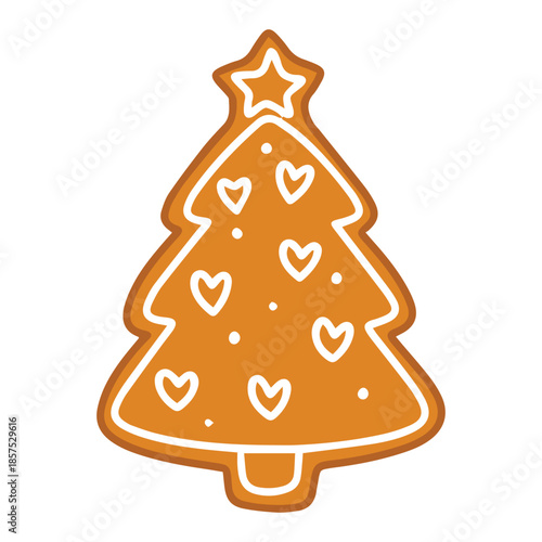 Festive fir tree biscuit with love symbols. Baked gingerbread spruce adorned with white hearts glaze for romantic holiday treat.