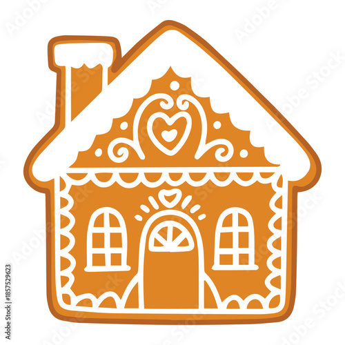 Cute baked cottage biscuit for holiday season. Glazed gingerbread home with white sugar decoration isolated on white background.