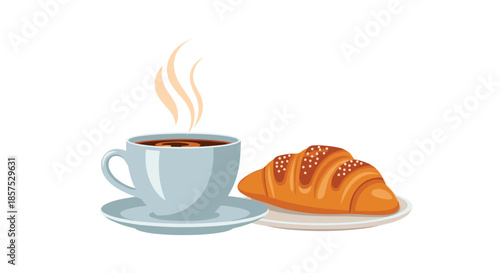 Steaming cup of black coffee served with a flaky croissant on separate saucers for a classic breakfast scene.