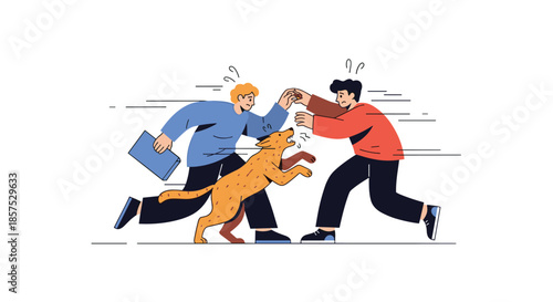 Action scene of a man running with a folder being chased by a barking dog towards another person on the street.