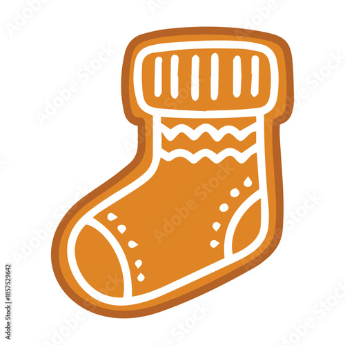 Holiday sock biscuit for Santa gifts. Glazed gingerbread boot or stocking with pattern isolated on white background.