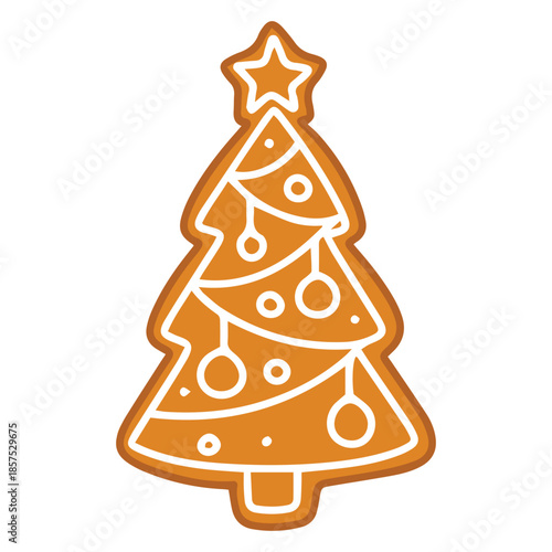 Festive evergreen biscuit for holiday baking. Glazed gingerbread fir tree decorated with white sugar ornaments isolated on white.