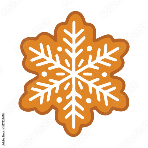 Winter star biscuit for New Year celebration. Glazed gingerbread snowflake with detailed white sugar design isolated on white background.