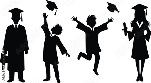 Graduation celebration silhouette, students in caps and gowns, throwing hats, jumping with diplomas, vector illustration for education, success, and achievement themes