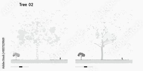 Minimalist landscape illustration depicting trees and distant figures on a gray ground