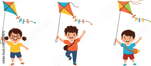 Children flying colorful kites outdoors, joyful cartoon scene with movement, smiling expressions, playful activity, vector illustration for fun, nature, and childhood themes