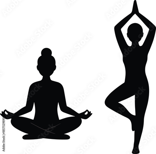 Yoga poses in silhouette, seated meditation and tree pose, black and white vector illustration for wellness, balance, mindfulness, and fitness themes