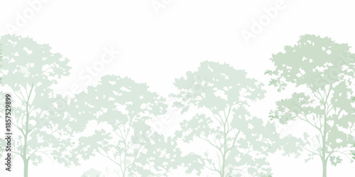 A serene landscape featuring silhouettes of lush green trees against a white backdrop