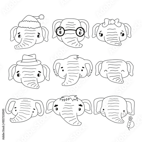 Set of black white isolated elephants. Cute line animals on white background for educational or coloring books