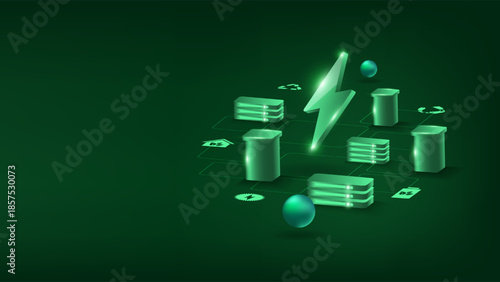 Abstract isometric data center server racks glowing with lightning bolt icon for sustainable energy concept