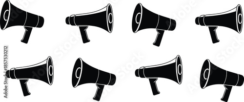 Megaphone icons in black silhouette, arranged in rows, vector illustration for communication, media, public speaking, announcement, and alert themes