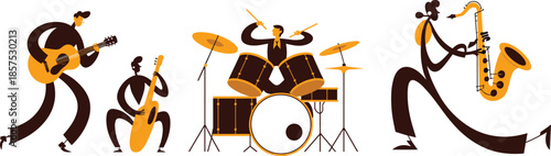 Musical band performing with guitar, bass, drums, saxophone, stylized cartoon figures in motion, vector illustration for music, rhythm, and concert themes