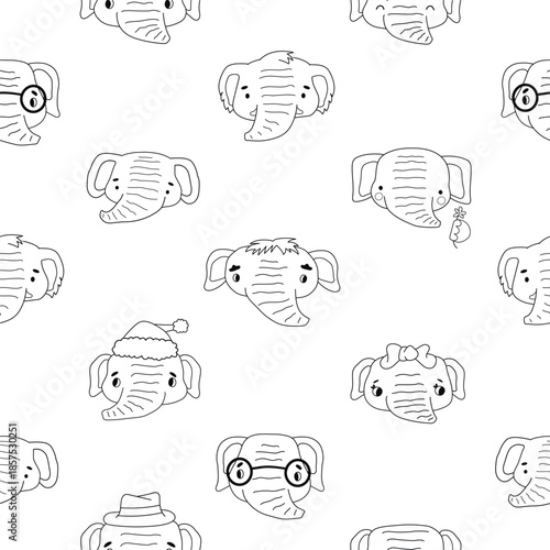 Black white line outline seamless pattern of a set of elephants. Isolated cute animals on white background can be used for coloring book or fabric, apparel