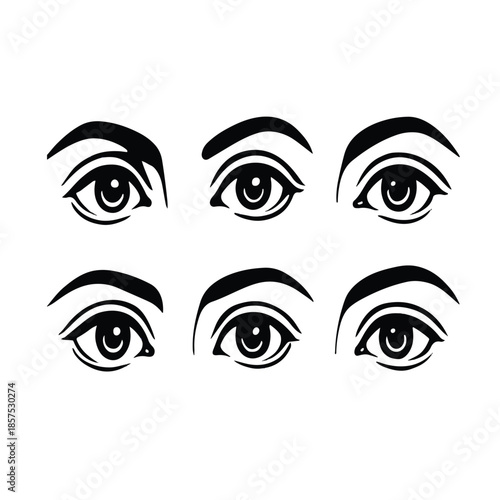 Print   Black and White Human Eye Vector Set – 6 Realistic Eye Illustrations, Isolated, High-Contrast Monochrome, Flat Graphic Style, Retro Halftone Stock Art