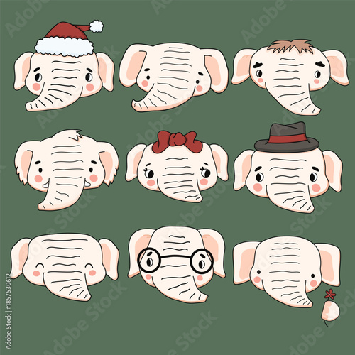 Set of cute white line cartoon elephants on a green background with bows, flower, hats, glasses like a doctor or scientist. Vector illustration for kids books