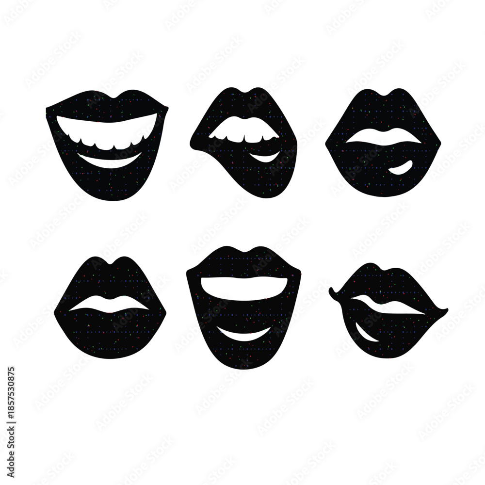 Fototapeta premium Print Black and White Lips and Mouth Vector Set – 6 Different Mouth Expressions, Isolated, High-Contrast Monochrome, Smooth Vector Paths, Retro Halftone Stock Illustration