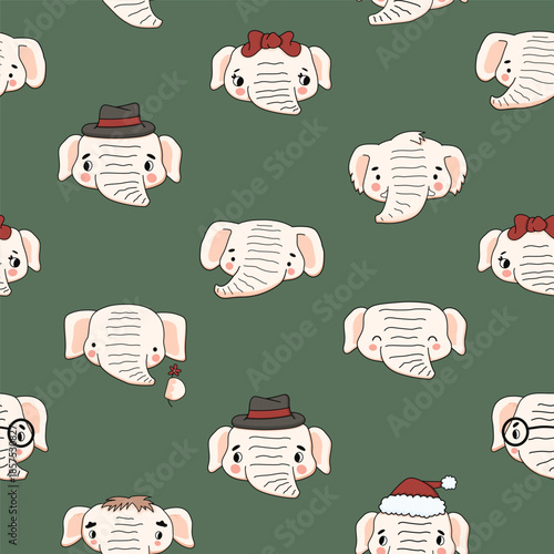 Seamless pattern of vector cute light pink or white elephants heads. Isolated hand drawn illustrations repeatable print for wallpapers, fabric, apparel, clothes on green background