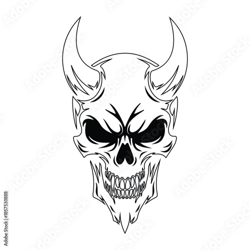 Fierce devil skull with sharp teeth and horns on white background, perfect for designs needing an edgy, bold statement