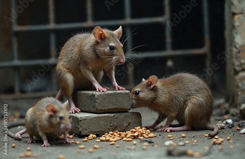 Three brown rats forage for food scattered on concrete ground near weathered bricks and metal bars. Two rats interact closely while one is closer to viewer.