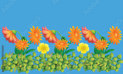 different orange and yellow flower with green leave at the bottom of the art