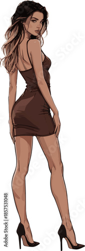 Create a realistic Beautiful and trendy young woman in a brown mini dress standing in profile vector art with white background.