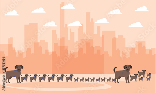 several dog family playing in the garden in front of city skyline