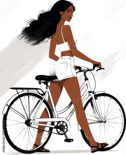 Create a realistic Beautiful black woman walking with a bicycle and looking back over her shoulder vector art with white background.