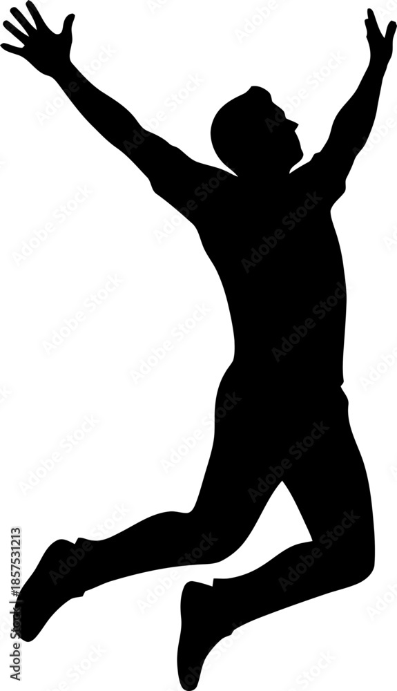 Fototapeta premium Man jumping with arms raised in victory or celebration, a dynamic and expressive silhouette illustration, conceptual vector for success and happiness