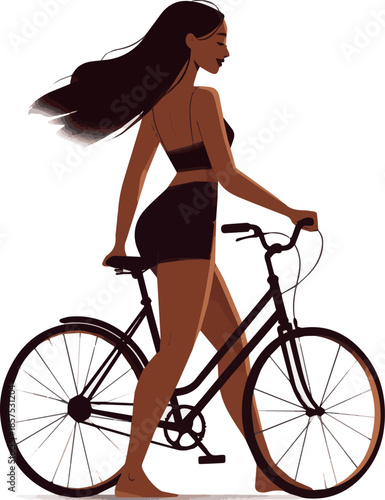 Create a realistic Beautiful black woman walking with a bicycle and looking back over her shoulder vector art with white background.