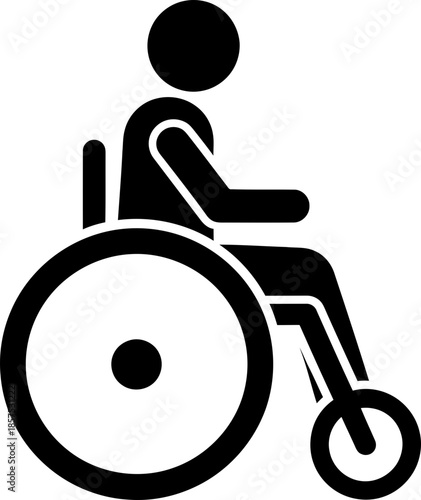 Solid icon of a person sitting in a wheelchair for disability awareness and accessibility concept. A simple graphic symbol for user interface design