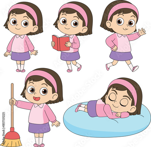 Cartoon girl in multiple daily activities, reading, cleaning, sleeping, walking, vector illustration for childhood routine, education, and lifestyle themes