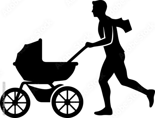 Man running with a baby stroller, depicting active fatherhood and fitness, suitable for sports, health, and family-related design. Vector illustration