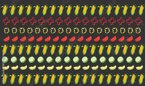 different fruit and vegetable line on dark surface