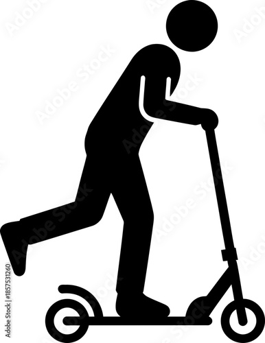 Man riding kick scooter. Person using personal transport. Flat stick figure pictogram icon. Black symbol isolated on white background. Vector illustration