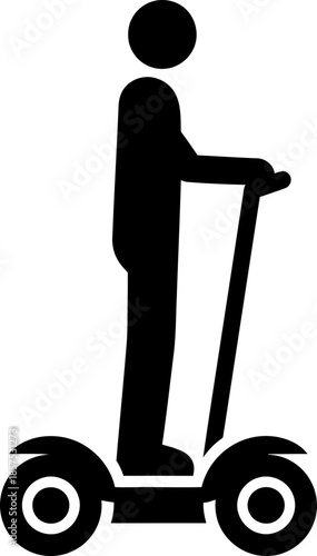Man standing one modern electric two-wheeled self-balancing scooter while riding. Urban personal transportation icon. Vector black symbol for web, app