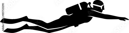 Black silhouette of a man scuba diver underwater. Water sport activity, adventure, extreme vacation concept. Vector illustration on isolated background