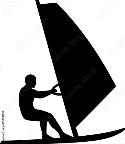 Man windsurfing with sail on board. Extreme water sport activity. Silhouette vector illustration for icon, symbol, logo, graphic design