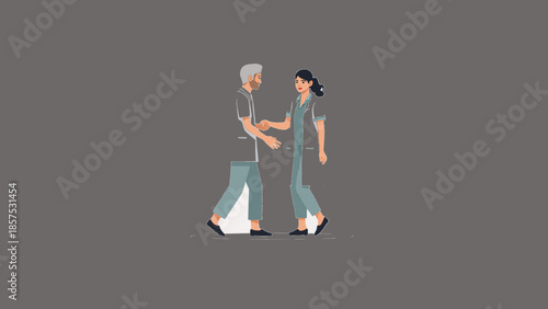 Nurse Assisting Elderly Patient Walking – Healthcare Vector Illustration