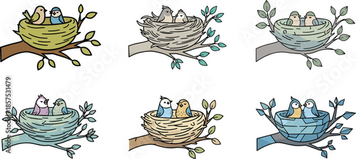 Bird pairs nesting on tree branches, colorful cartoon illustration with leaves, nature elements, vector artwork for wildlife, companionship, and forest themes