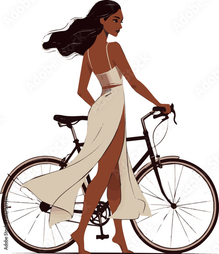 Create a realistic Beautiful black woman walking with a bicycle and looking back over her shoulder vector art with white background.