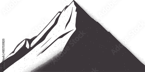 Black and white halftone mountain peak in monochrome style