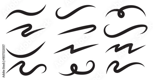 Black squiggle brush scribble underline. Marker pen emphasis highlight red swoosh stroke. Vector swoosh brush underline set for accent, marker emphasis squiggle element. Vector stock illustration