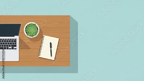 Top View of a Modern Workspace with Laptop and Notebook.