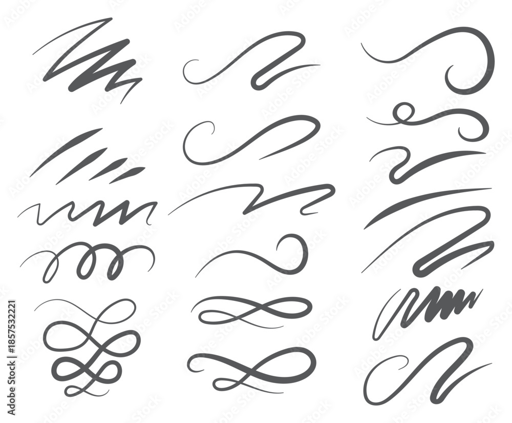Obraz premium Baseball swoosh and swash tails. Set of sports swash shape, text underlines for baseball design. Hand drawn font elements in retro style for athletics, baseball. Swirl stroke swish underline shape