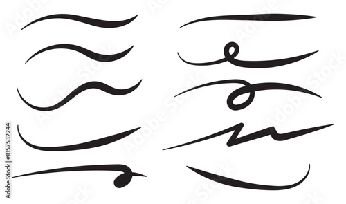 Swooshes text tails for baseball design. Sports swash underline shapes set in retro style. Swish typography font elements for athletics, baseball, football decoration. Black swirl vector line