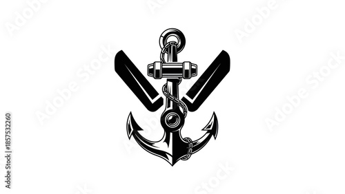 Nautical Anchor with Wings Black and White Illustration.