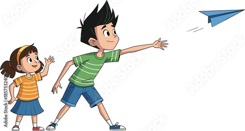 Cartoon children playing with paper airplane, joyful outdoor activity, creative expression, fun movement, vector illustration for childhood, imagination, and learning themes