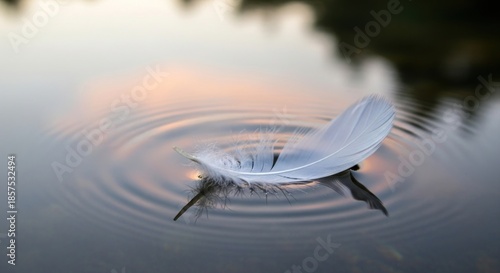 Delicate white feather floats on water with soft ripple.