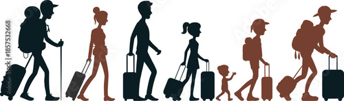 Travelers walking with luggage in silhouette, adults and children in motion, black and white vector illustration for journey, vacation, and migration themes